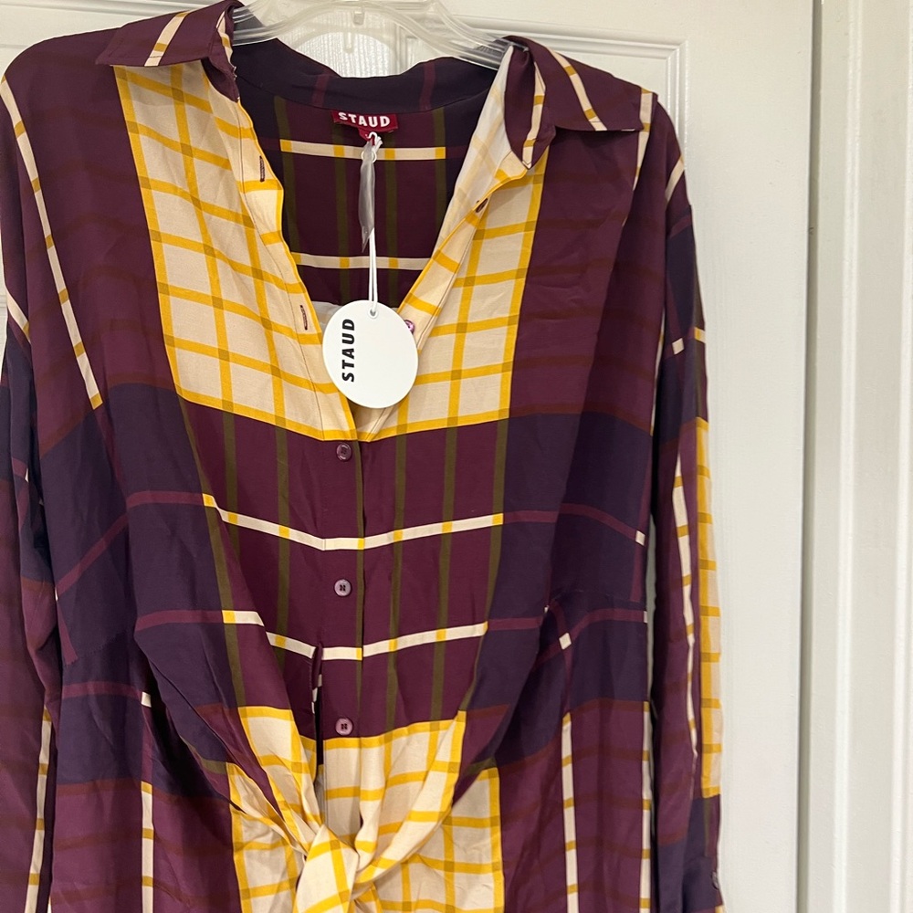 NWT STAUD Elsa button front maroon shirt dress - Picture 7 of 10